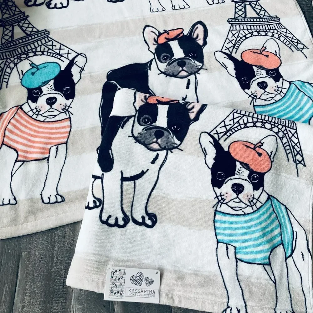 Frenchie Dog 2-pc Paris Eiffel Tower Beret Dogs Bath Towels Set